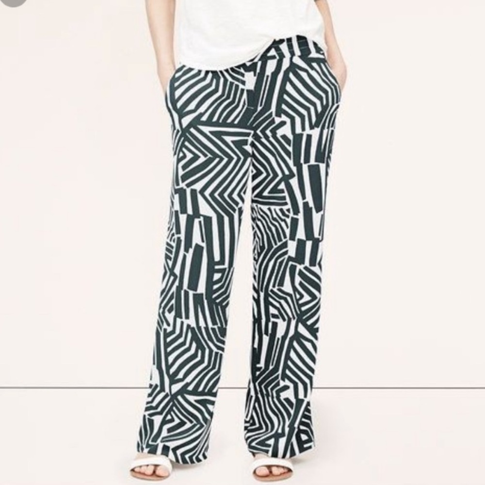 LOFT Gray & White Geometric Wide-Leg Pants